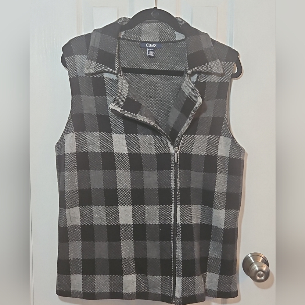 Chaps Women's Vest Gray/Black Plaid Vest Zipper, Collar Size XL